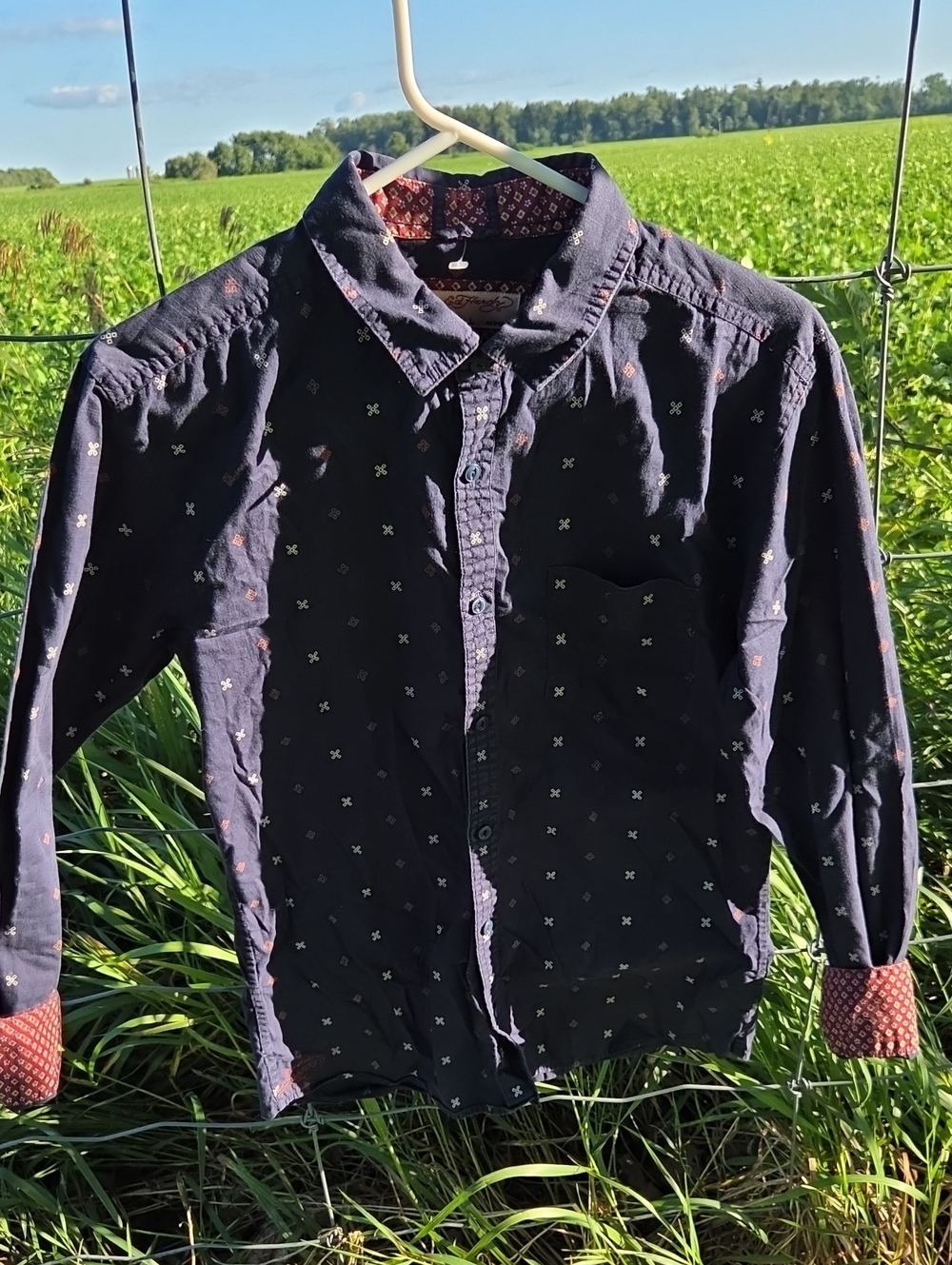 Ed Hardy Men's Navy Button-Down Shirt with Red Accent